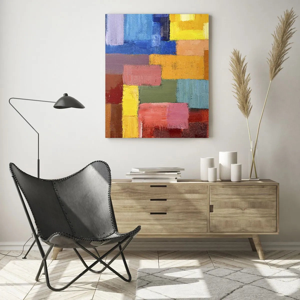 Glasbild - Bild auf glas - Abstrakte Komposition aus farbigen Rechtecken - 50x70cm - Jeder ist anders, alle bunt - Moderne Wanddekoration für Wohnzimmer und Schlafzimmer ARTTOR