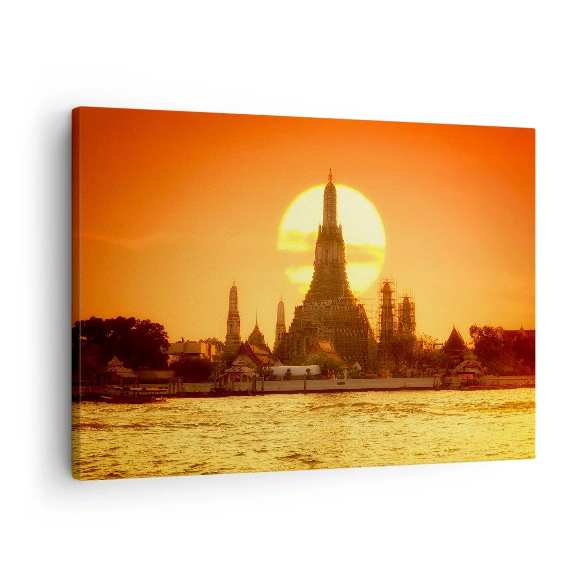 Bild auf Leinwand - Leinwandbild - Sonnenuntergang über dem Tempel mit Spiegelbild im Wasser - 70x50cm - Der Sonne entgegen, immer der Sonne entgegen - Moderne Wanddekoration für Wohnzimmer und Schlafzimmer ARTTOR