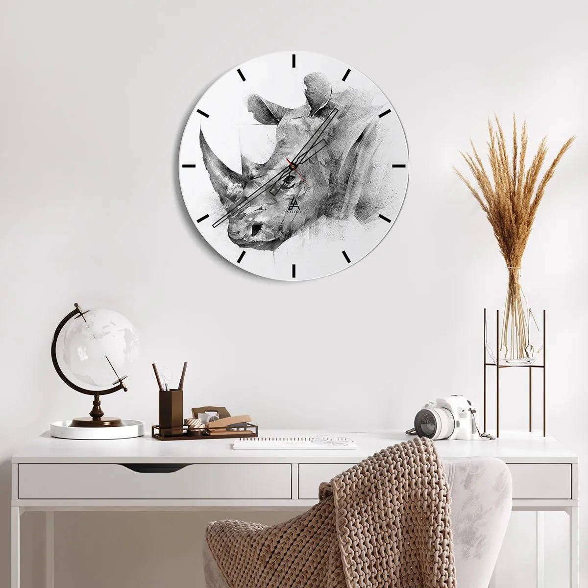 Wanduhr - Glasuhr - Skizzenhaftes Porträt eines Nashorns - 30x30cm - Afrikanisches Porträt - Moderne Wanddekoration für Wohnzimmer, Küche und Schlafzimmer ARTTOR