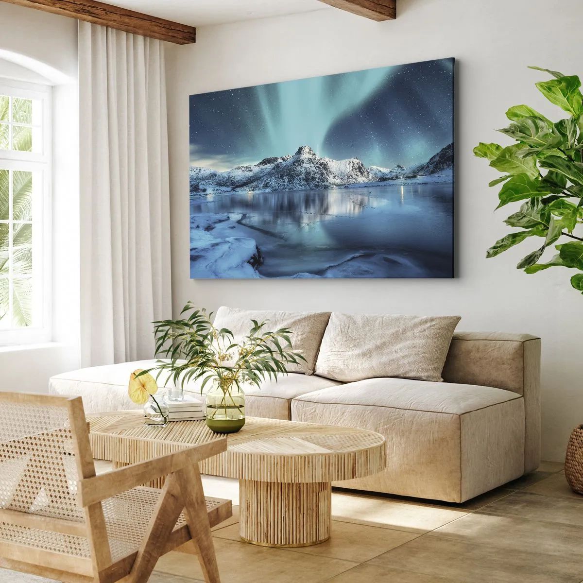 Bild auf Leinwand - Leinwandbild - Aurora Borealis über schneebedeckten Bergen und einem See - 100x70cm - Lichtnacht - Moderne Wanddekoration für Wohnzimmer und Schlafzimmer ARTTOR