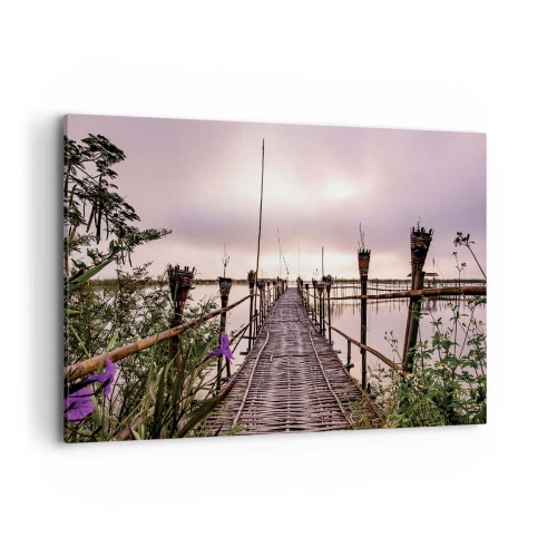 Bild auf Leinwand - Leinwandbild - Bambusbrücke über das Wasser im Morgengrauen - 100x70cm - Frieden und Ruhe Asiens - Moderne Wanddekoration für Wohnzimmer und Schlafzimmer ARTTOR