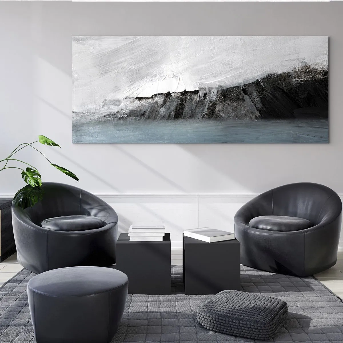 Glasbild - Bild auf glas - Abstrakte Landschaft mit Wasser und felsigem Ufer - 160x50cm - Wasser – Erde: Kampf der Naturelemente - Moderne Wanddekoration für Wohnzimmer und Schlafzimmer ARTTOR