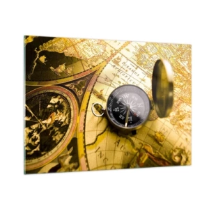 Glasbild - Bild auf glas - Eine goldene Karte mit Kompass als Abenteuer-Akzent - 100x70cm - Oder vielleicht bis ans Ende der Welt? - Moderne Wanddekoration für Wohnzimmer und Schlafzimmer ARTTOR