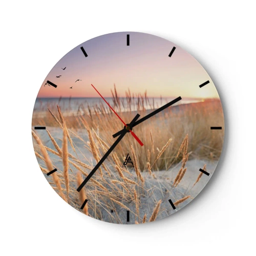 Wanduhr - Glasuhr - Strandhafer bei Sonnenuntergang mit Blick auf das Meer - 30x30cm - Das baltische Wiegenlied - Moderne Wanddekoration für Wohnzimmer, Küche und Schlafzimmer ARTTOR