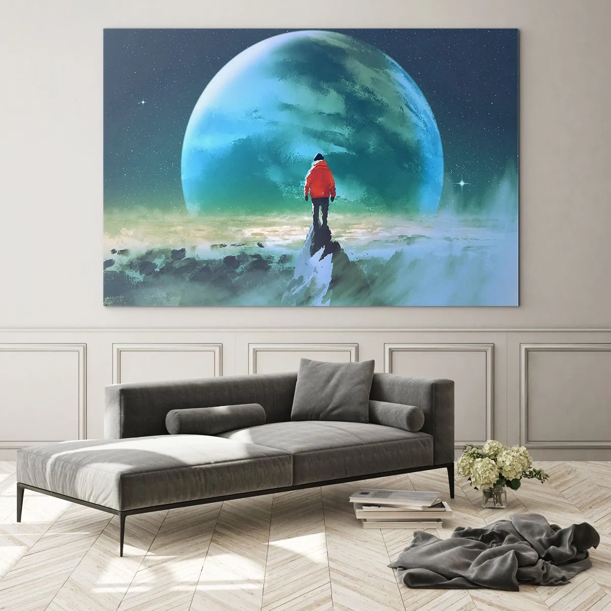Glasbild - Bild auf glas - Eine Figur in einer roten Jacke vor dem Hintergrund eines riesigen Planeten und Sternen - 120x80cm - Entdecker des neuen Landes - Moderne Wanddekoration für Wohnzimmer und Schlafzimmer ARTTOR