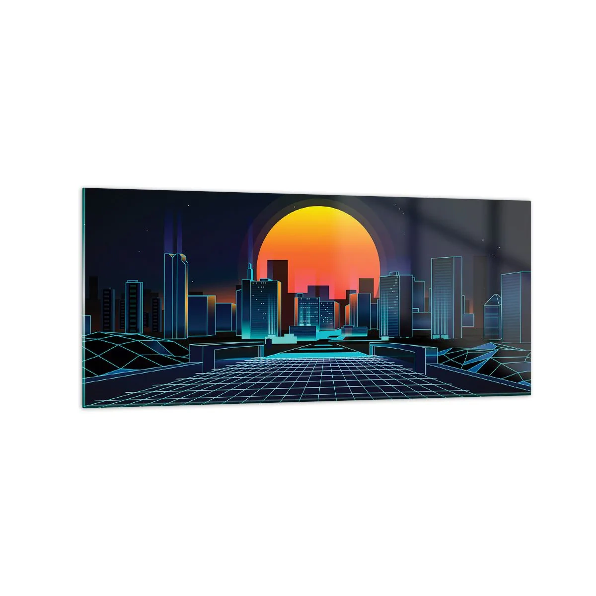 Glasbild - Bild auf glas - Futuristische Skyline im Neon-Stil - 120x50cm - Willst du immer noch zu Real gehen? - Moderne Wanddekoration für Wohnzimmer und Schlafzimmer ARTTOR