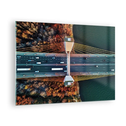 Glasbild - Bild auf glas - Luftaufnahme der Brücke mit symmetrischer Anordnung von Kabeln und Wagen - 70x50cm - Jenseits der Gewässer, jenseits der Wälder - Moderne Wanddekoration für Wohnzimmer und Schlafzimmer ARTTOR