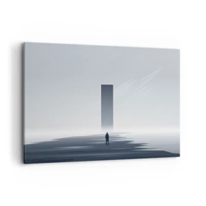 Bild auf Leinwand - Leinwandbild - Eine minimalistische Landschaft mit einer Silhouette neben einem rechteckigen Monolithen - 120x80cm - Chance oder Bedrohung? - Moderne Wanddekoration für Wohnzimmer und Schlafzimmer ARTTOR