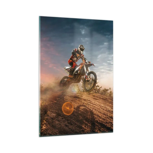 Glasbild - Bild auf glas - Motorradfahrer in den Dünen bei Sonnenuntergang - 80x120cm - Für den Sieg - Moderne Wanddekoration für Wohnzimmer und Schlafzimmer ARTTOR