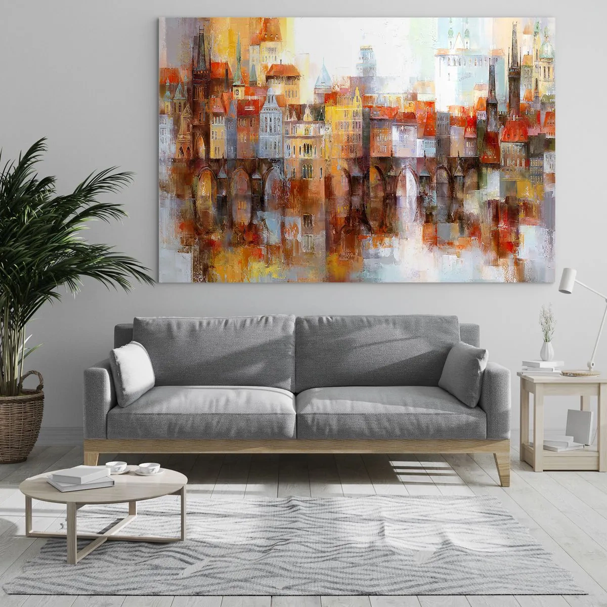 Glasbild - Bild auf glas - Farbenfrohes Stadtpanorama mit Brücke und Spiegelung im Wasser - 70x50cm - Schön ist es auch unter der Brücke - Moderne Wanddekoration für Wohnzimmer und Schlafzimmer ARTTOR