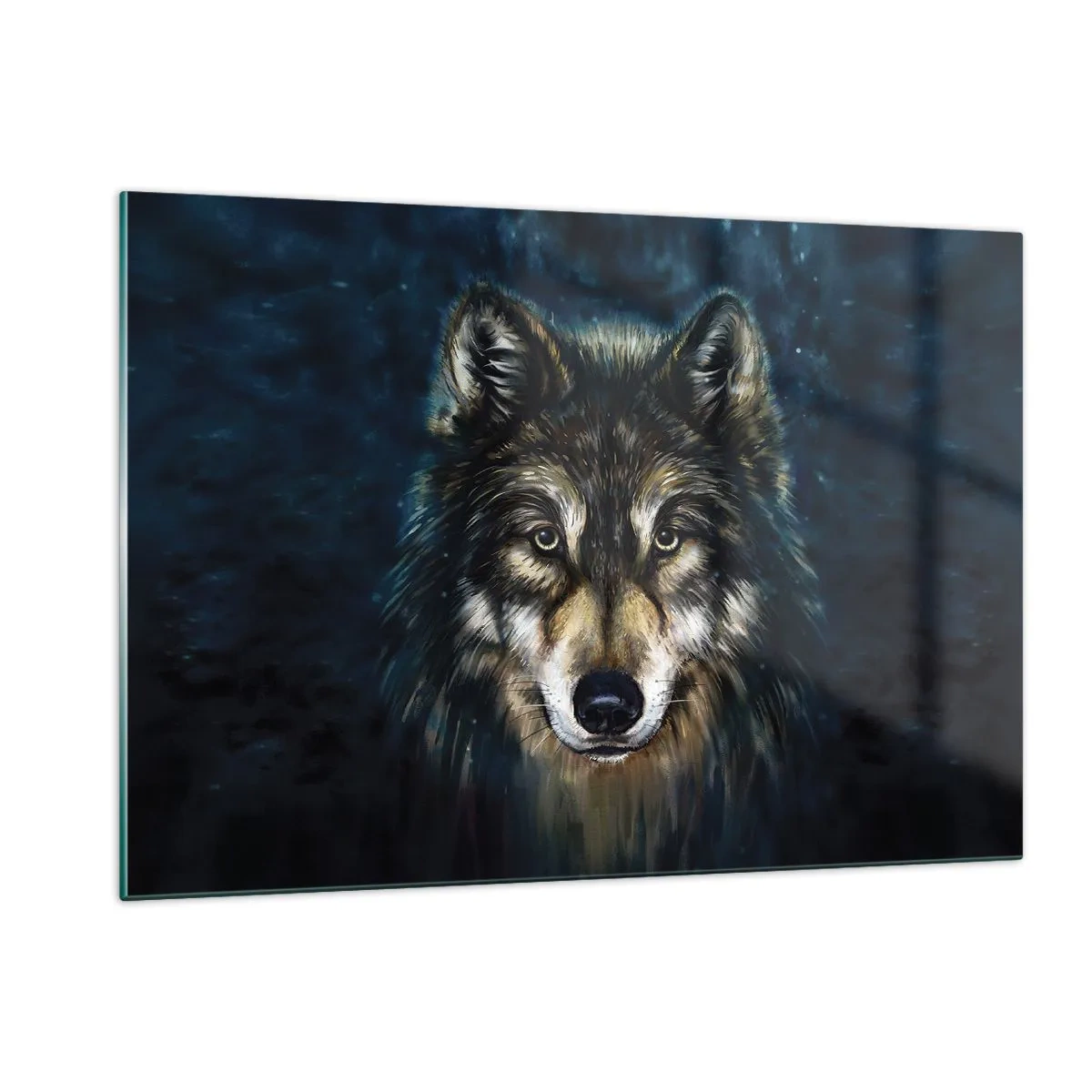 Glasbild - Bild auf glas - Ein Wolf vor einem dunklen Waldhintergrund im realistischen Stil. - 120x80cm - Alpha? Und Omega - Moderne Wanddekoration für Wohnzimmer und Schlafzimmer ARTTOR
