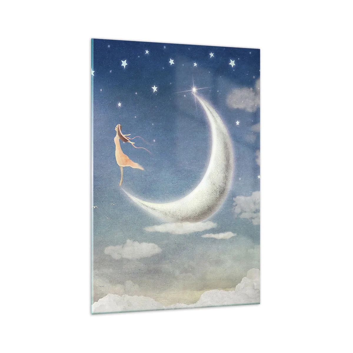 Glasbild - Bild auf glas - Eine Frau im Mond, umgeben von Sternen und Wolken - 70x100cm - Blauer Freier - Moderne Wanddekoration für Wohnzimmer und Schlafzimmer ARTTOR