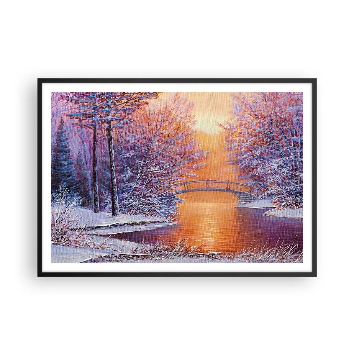 Poster in einem schwarzem Rahmen - Winterlandschaft mit Brücke und Sonnenuntergang - 100x70cm - Treffen wir uns hier - Moderne Wanddekoration für Wohnzimmer und Schlafzimmer ARTTOR