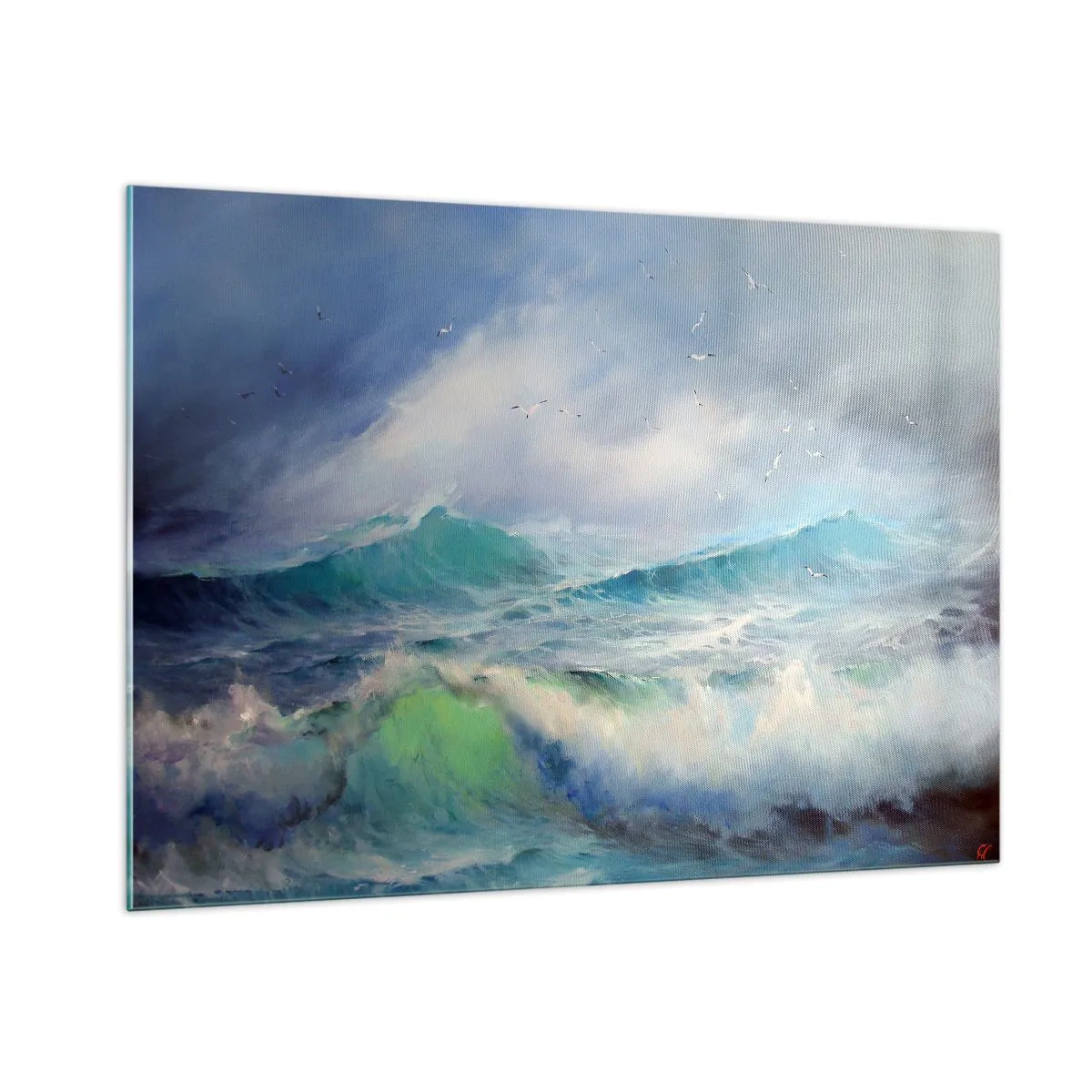 Glasbild - Bild auf glas - Raue Meereswellen mit Vögeln in einem bewölkten Himmel - 100x70cm - Der wind heulte mit Triumph - Moderne Wanddekoration für Wohnzimmer und Schlafzimmer ARTTOR