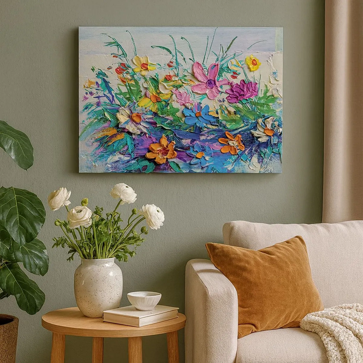 Bild auf Leinwand - Leinwandbild - Ein bunter Blumenstrauß, gemalt in der Impasto-Technik - 70x50cm - Überhaupt kein Stillleben - Moderne Wanddekoration für Wohnzimmer und Schlafzimmer ARTTOR