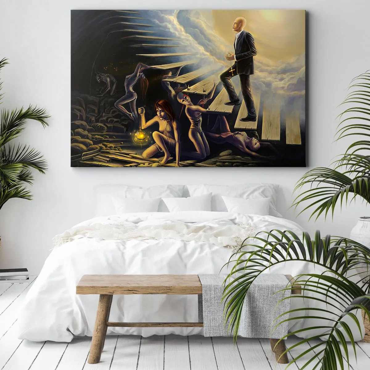 Bild auf Leinwand - Leinwandbild - Eine symbolische Szene des Weges zum Licht durch eine verfallene Treppe - 120x80cm - Danteske Reise zum Licht - Moderne Wanddekoration für Wohnzimmer und Schlafzimmer ARTTOR