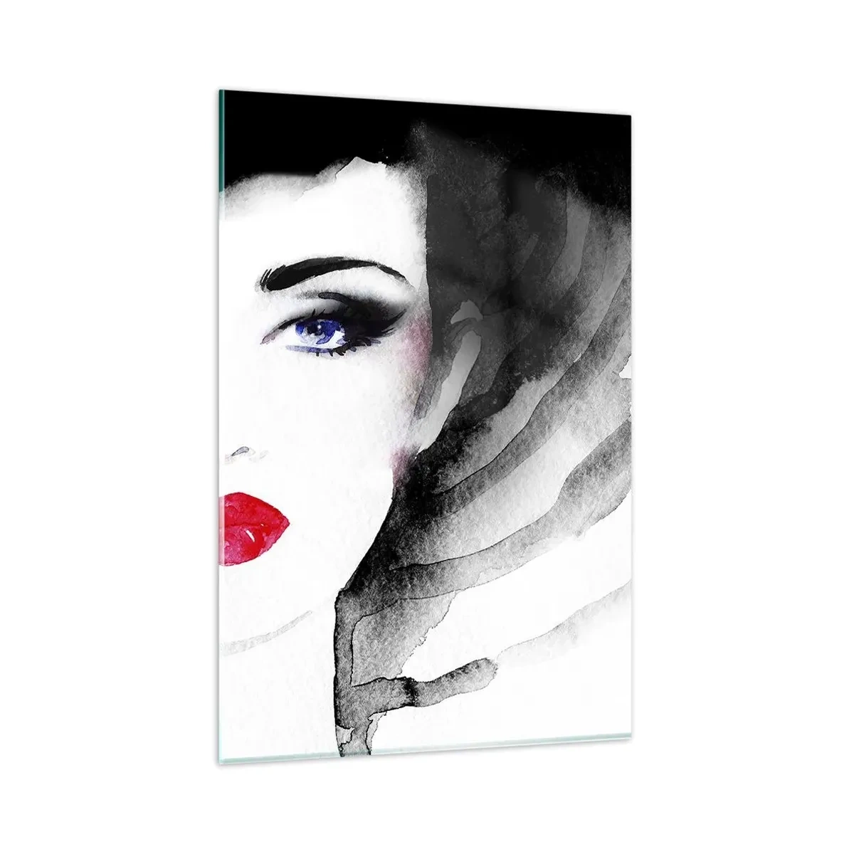 Glasbild - Bild auf glas - Porträt einer Frau mit roten Lippen und intensiven blauen Augen - 80x120cm - Er drückt zurück und ruft an - Moderne Wanddekoration für Wohnzimmer und Schlafzimmer ARTTOR