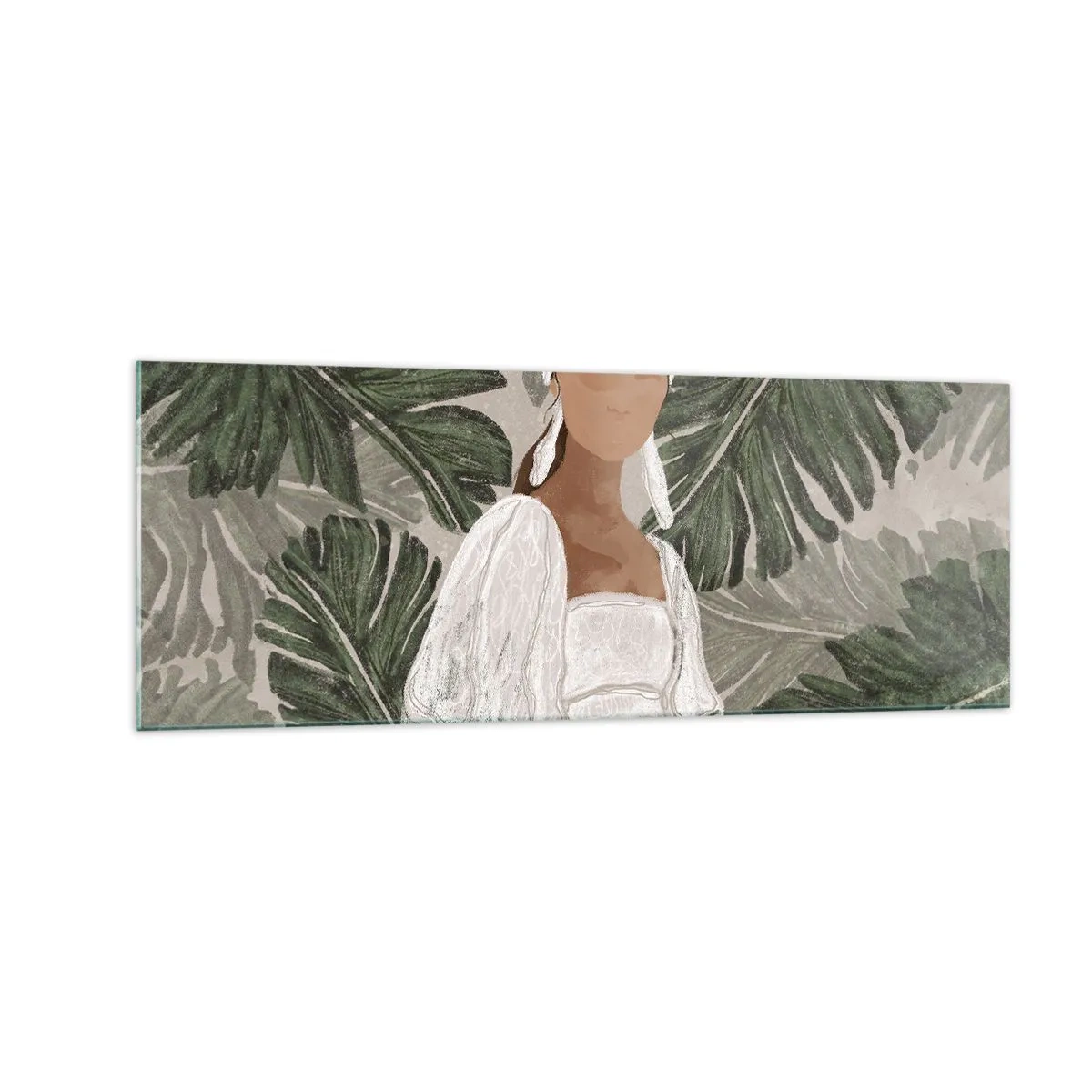 Glasbild - Bild auf glas - Porträt einer Frau in einem weißen Kleid vor einem Hintergrund aus Monstera-Blättern - 140x50cm - Exotisches Porträt - Moderne Wanddekoration für Wohnzimmer und Schlafzimmer ARTTOR