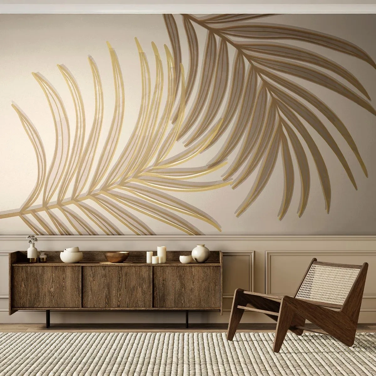 Fototapete Standard Eco - Goldene Palmblätter auf hellem Hintergrund im minimalistischen Stil - 100x70cm - Goldene Palme! - Moderne Wanddekoration für Wohnzimmer und Schlafzimmer ARTTOR