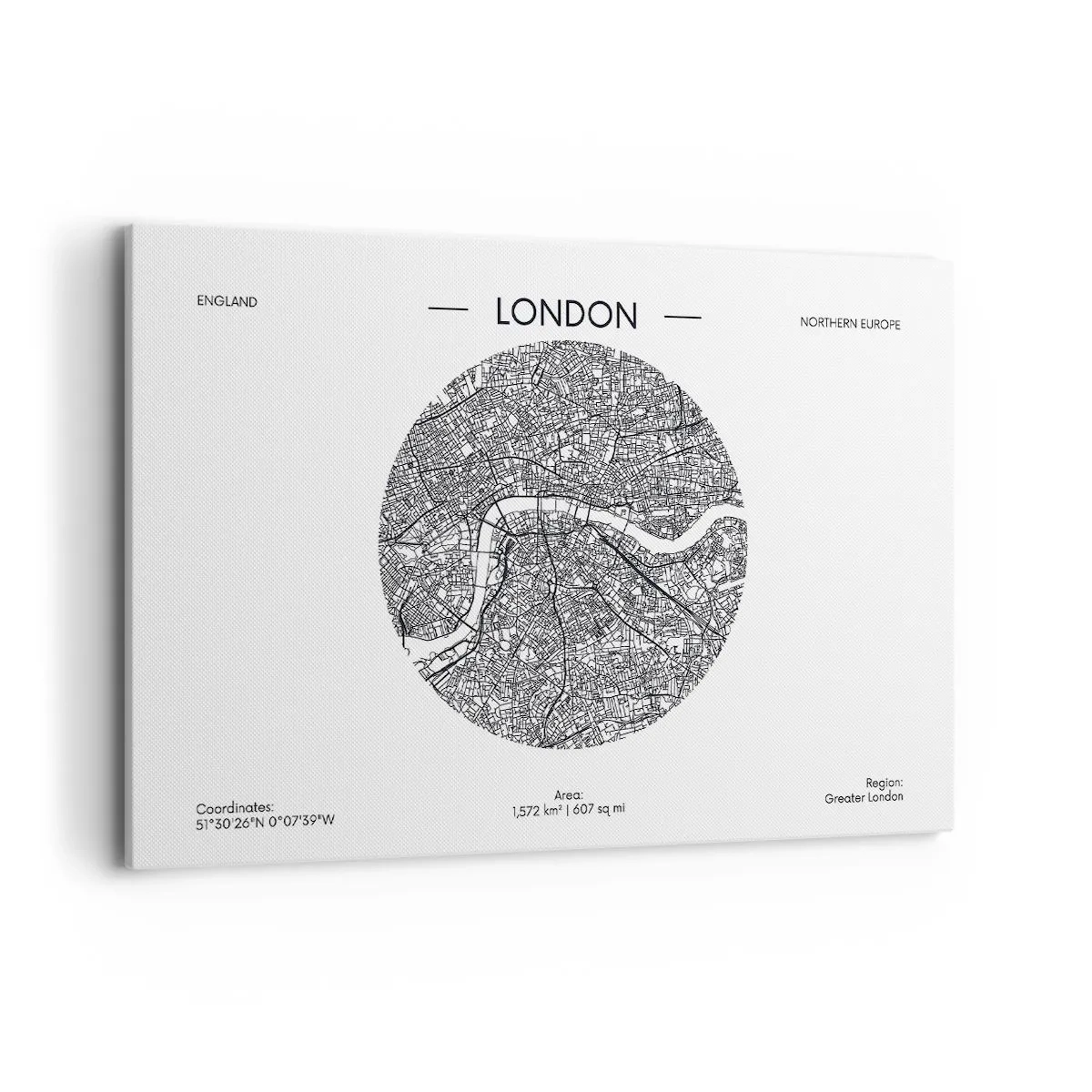 Bild auf Leinwand - Leinwandbild - Eine minimalistische Karte von London in Schwarzweiß mit präzisen Details. - 120x80cm - Anatomie von London - Moderne Wanddekoration für Wohnzimmer und Schlafzimmer ARTTOR