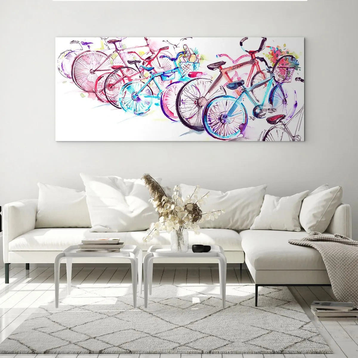Glasbild - Bild auf glas - Bunte Fahrräder im künstlerischen Aquarell-Stil - 140x50cm - Kongress des Antimoto-Clubs - Moderne Wanddekoration für Wohnzimmer und Schlafzimmer ARTTOR