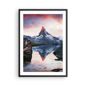 Poster in einem schwarzem Rahmen - Ein Berg, der sich bei Sonnenuntergang in einem See spiegelt - 50x70cm - Das Herz der Berge ist heiß - Moderne Wanddekoration für Wohnzimmer und Schlafzimmer ARTTOR