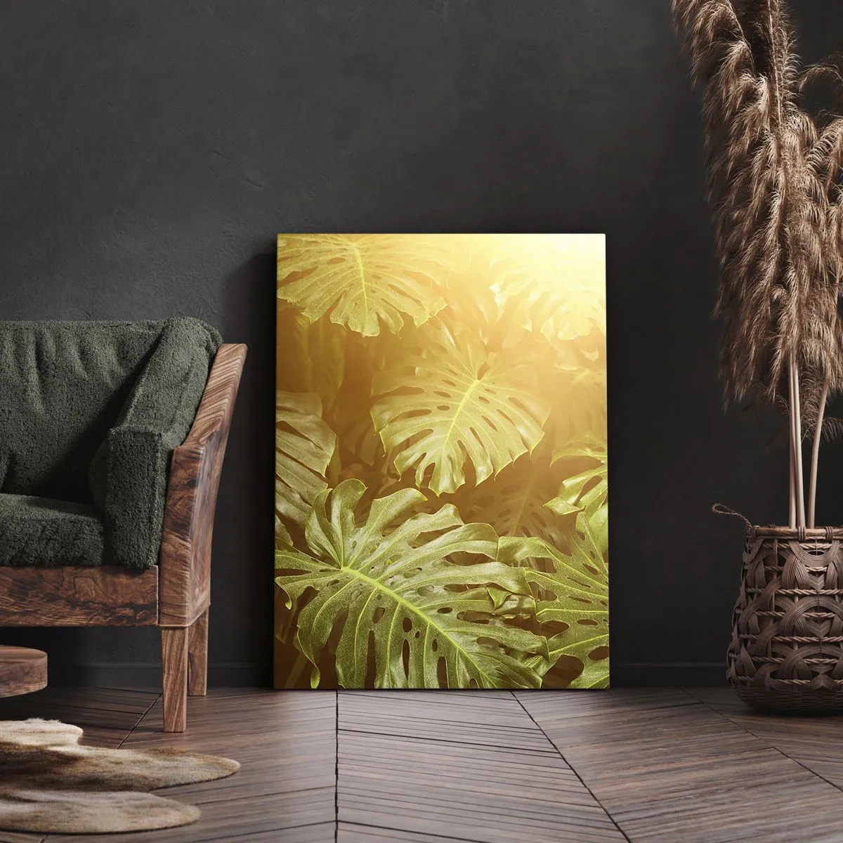 Bild auf Leinwand - Leinwandbild - Monstera-Blätter im Sonnenlicht vor einem natürlichen Hintergrund - 70x100cm - Ins Grüne tretren... - Moderne Wanddekoration für Wohnzimmer und Schlafzimmer ARTTOR