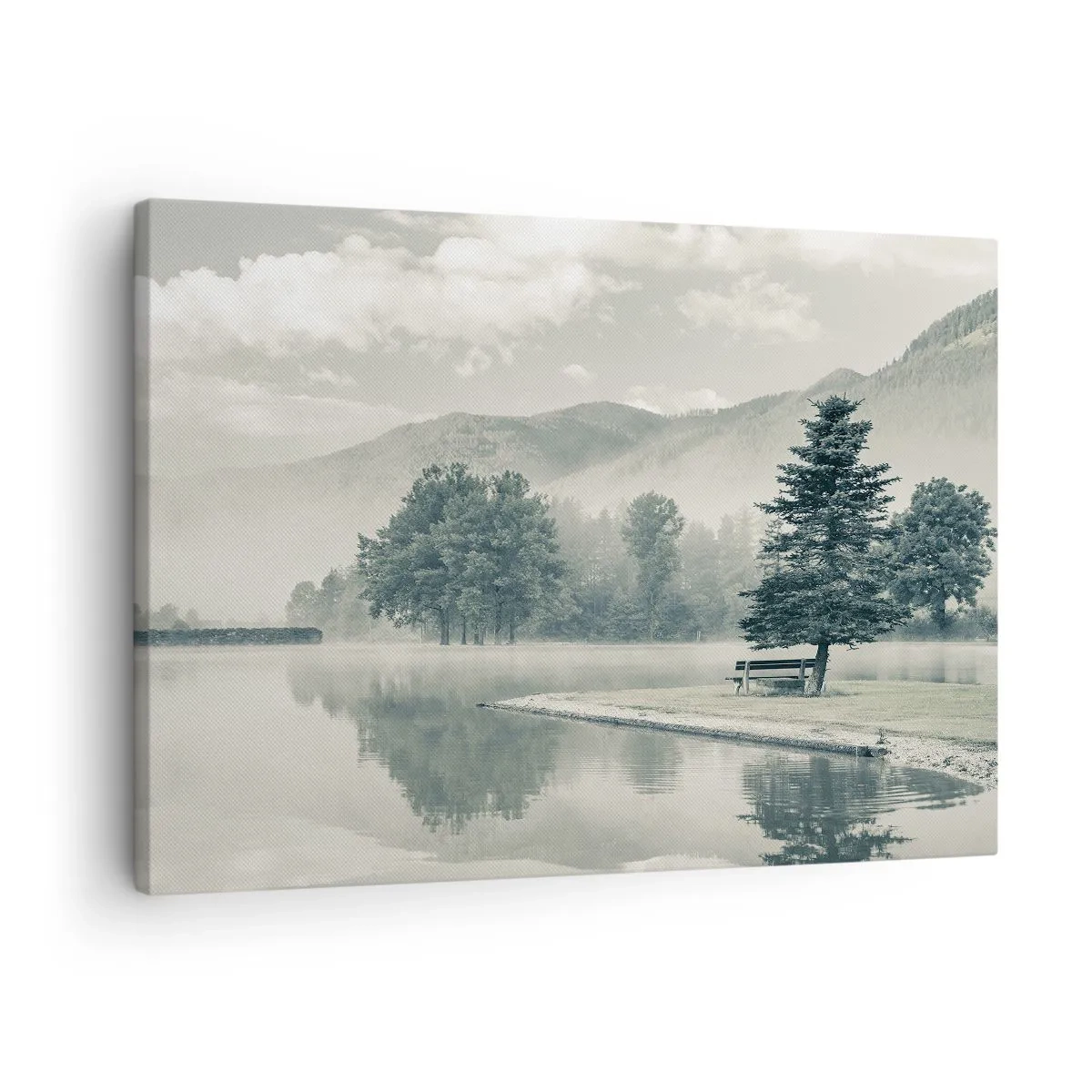 Bild auf Leinwand - Leinwandbild - Ein malerischer See mit einer Bank und Nebel im Hintergrund - 70x50cm - Der See schläft noch - Moderne Wanddekoration für Wohnzimmer und Schlafzimmer ARTTOR