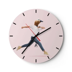 Wanduhr - Glasuhr - Eine Figur in Bewegung mit einem Vogelkopf vor hellem Hintergrund - 30x30cm - Eine Prise Absurdität - Moderne Wanddekoration für Wohnzimmer, Küche und Schlafzimmer ARTTOR