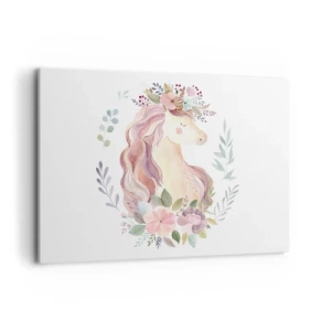 Bild auf Leinwand - Leinwandbild - Ein Einhorn in Pastellfarben, umgeben von Blumen - 100x70cm - Eine Einladung in die Welt der Märchen - Moderne Wanddekoration für Wohnzimmer und Schlafzimmer ARTTOR