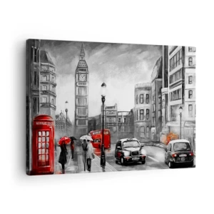Bild auf Leinwand - Leinwandbild - Eine Londoner Szene in Schwarzweiß mit roten Akzenten - 70x50cm - Gar keine graue Stadt - Moderne Wanddekoration für Wohnzimmer und Schlafzimmer ARTTOR