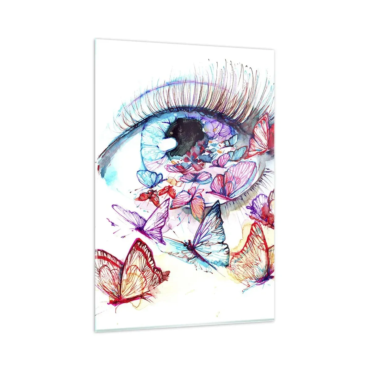 Glasbild - Bild auf glas - Ein Aquarellauge, umgeben von bunten Schmetterlingen - 80x120cm - Märchenhafter Augenzauber - Moderne Wanddekoration für Wohnzimmer und Schlafzimmer ARTTOR