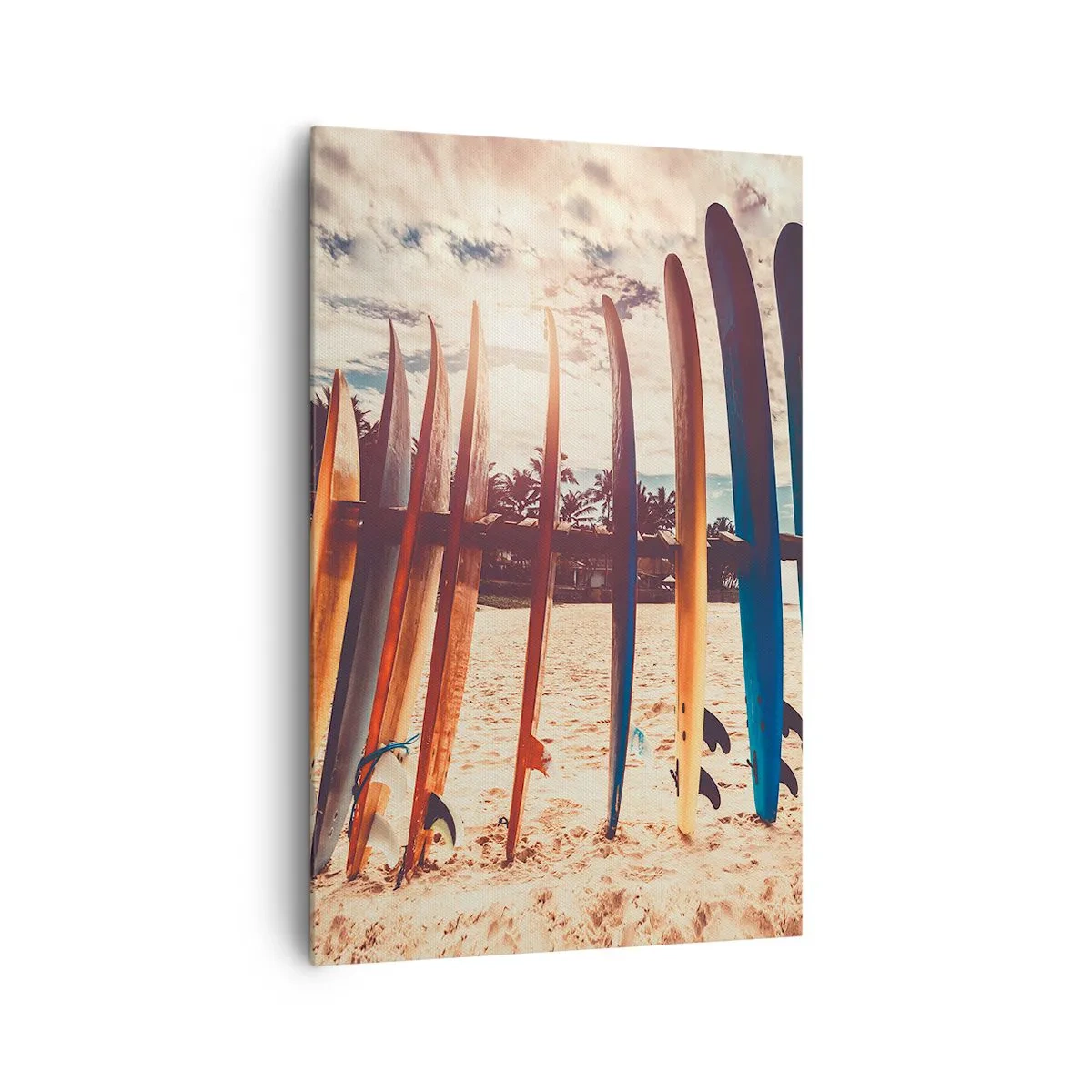 Bild auf Leinwand - Leinwandbild - Surfbretter am Strand bei Sonnenuntergang - 80x120cm - Gute Nacht bis morgen - Moderne Wanddekoration für Wohnzimmer und Schlafzimmer ARTTOR