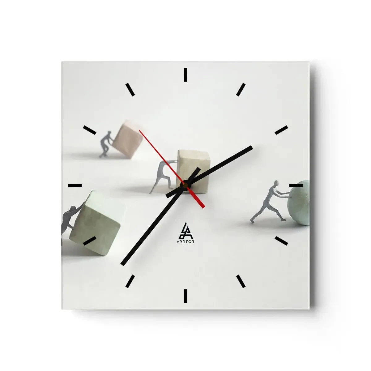 Wanduhr - Glasuhr - Miniaturfiguren, die Formen vor einem hellen Hintergrund schieben - 30x30cm - Pures Leben - Moderne Wanddekoration für Wohnzimmer und Schlafzimmer ARTTOR