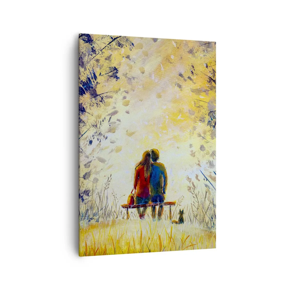 Bild auf Leinwand - Leinwandbild - Ein Paar sitzt auf einer Bank zwischen herbstlichen Bäumen im Sonnenlicht - 70x100cm - Magischer Augenblick - Moderne Wanddekoration für Wohnzimmer und Schlafzimmer ARTTOR
