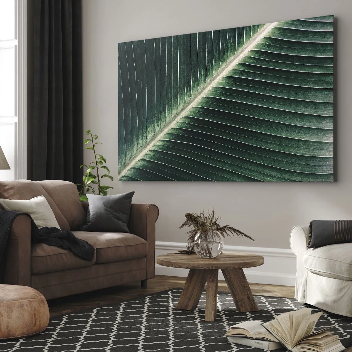 Bild auf Leinwand - Leinwandbild - Nahaufnahme der Struktur eines grünen Blattes - 100x70cm - Rhythmus der Natur - Moderne Wanddekoration für Wohnzimmer und Schlafzimmer ARTTOR