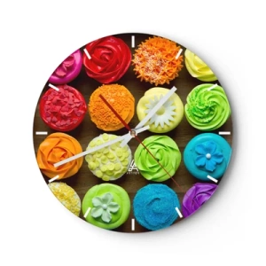Wanduhr - Glasuhr - Bunte Cupcakes auf einem hölzernen Hintergrund - 30x30cm - Alles andere - alles lecker - Moderne Wanddekoration für Wohnzimmer, Küche und Schlafzimmer ARTTOR