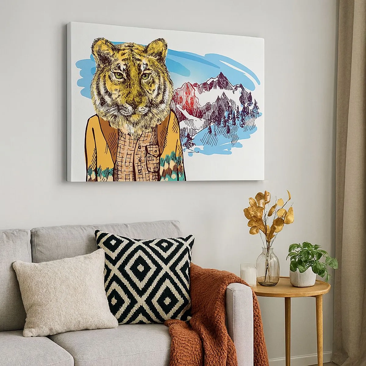 Bild auf Leinwand - Leinwandbild - Ein Tiger im Mantel vor einer Berglandschaft - 70x50cm - Nicht so wild, wie sie ihn zeichnen - Moderne Wanddekoration für Wohnzimmer und Schlafzimmer ARTTOR