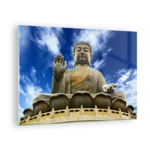 Glasbild - Bild auf glas - Eine große Buddha-Statue vor blauem Himmel - 70x50cm - Leben ohne Angst - Moderne Wanddekoration für Wohnzimmer und Schlafzimmer ARTTOR