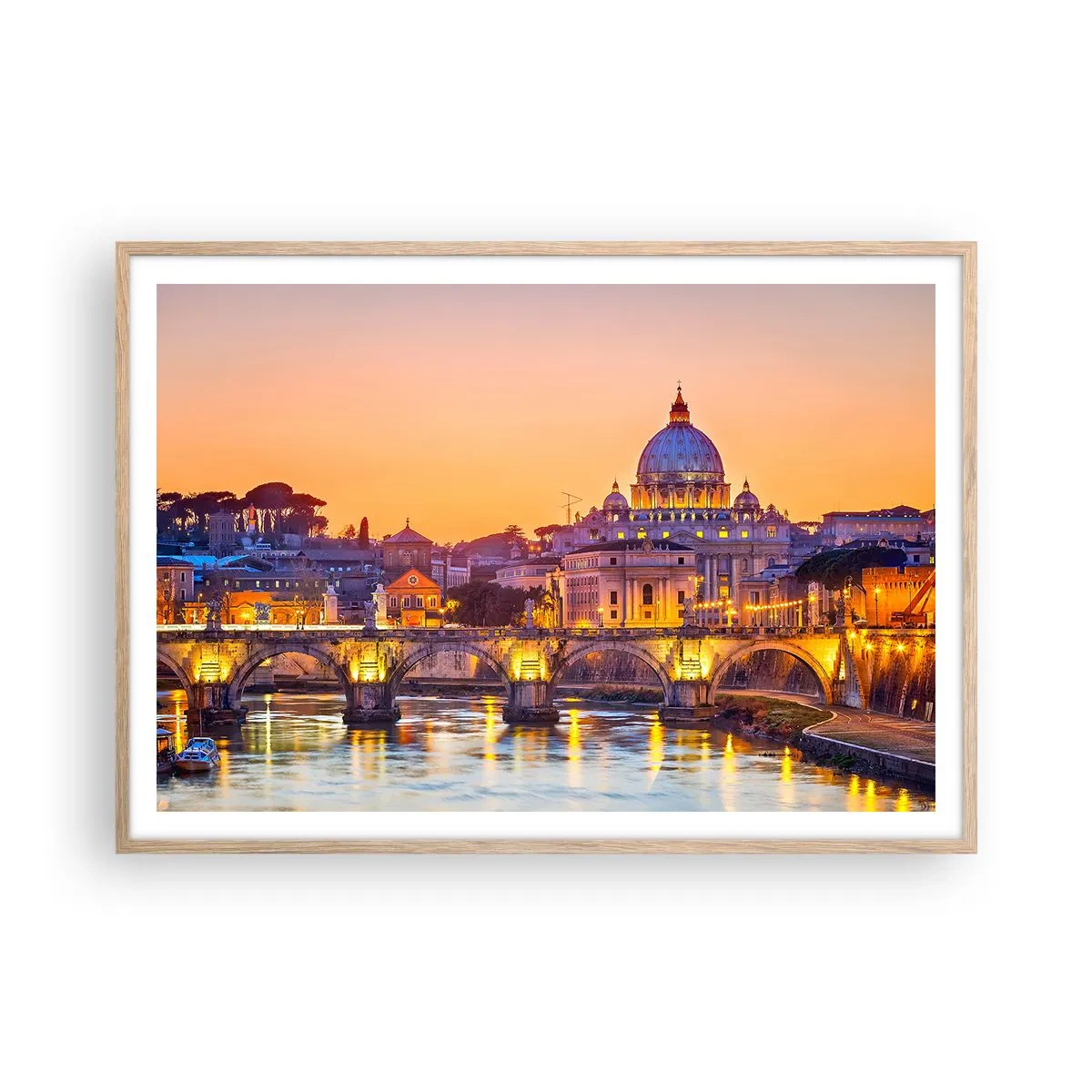 Poster in einem Rahmen aus heller Eiche - Sonnenuntergang über der ewigen Stadt - 100x70 cm