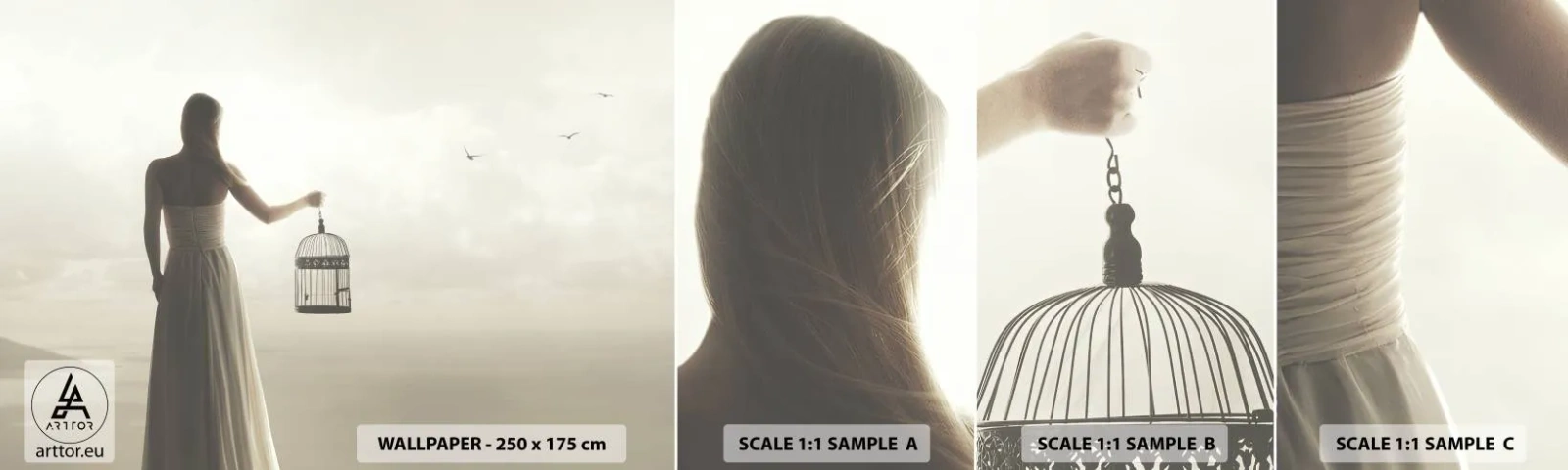 Fototapeten Muster Selbstklebend Deluxe Sticker - Sei frei - Frau, Vogelkäfig, Vogel - 100x30 cm