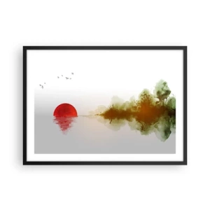 Poster in einem schwarzem Rahmen - Abstrakter Sonnenuntergang über einem See mit Reflexion - 70x50cm - Versprechen der Ruhe - Moderne Wanddekoration für Wohnzimmer und Schlafzimmer ARTTOR