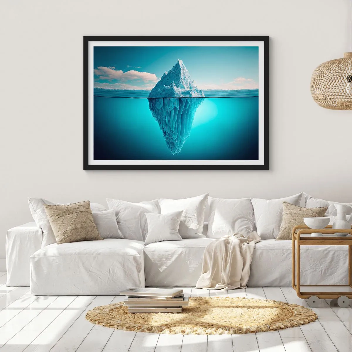 Poster in einem schwarzem Rahmen - Ein über und unter der Wasseroberfläche sichtbarer Eisberg - 70x50cm - Königin des Eises - Moderne Wanddekoration für Wohnzimmer und Schlafzimmer ARTTOR