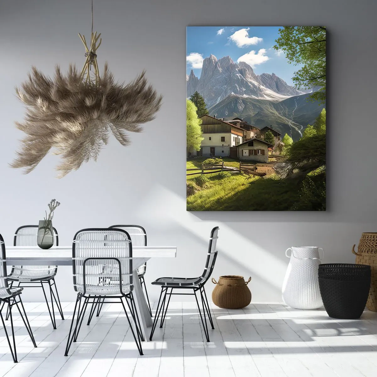 Bild auf Leinwand - Leinwandbild - Ein Bergdorf mit Häusern und Blick auf die Alpen - 70x100cm - Alpenidylle - Moderne Wanddekoration für Wohnzimmer und Schlafzimmer ARTTOR