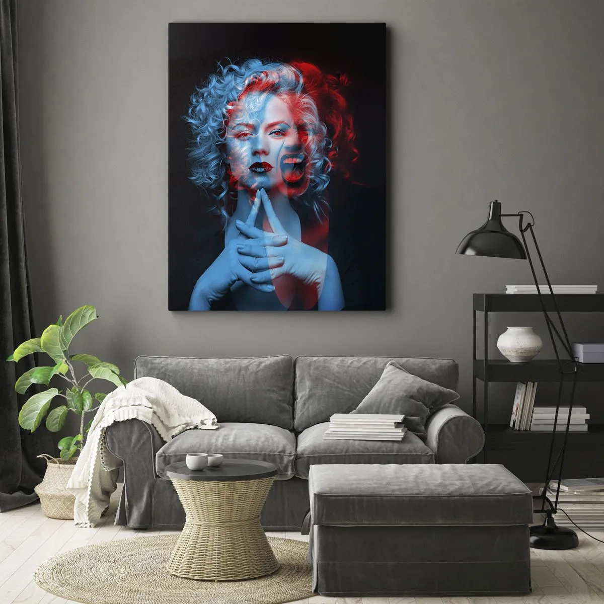 Bild auf Leinwand - Leinwandbild - Doppelporträt einer Frau in Rot und Blau - 80x120cm - Alter Ego - Moderne Wanddekoration für Wohnzimmer und Schlafzimmer ARTTOR