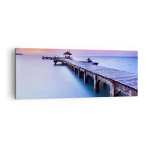Bild auf Leinwand - Leinwandbild - Holzsteg, der bei Sonnenuntergang auf das Wasser hinausführt - 140x50cm - Ein Meer der Ruhe bis zum Horizont - Moderne Wanddekoration für Wohnzimmer und Schlafzimmer ARTTOR