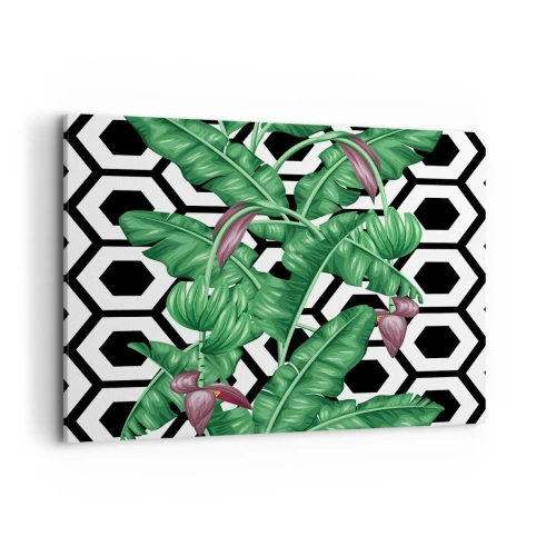 Bild auf Leinwand - Leinwandbild - Tropische Blätter auf geometrischem Hintergrund - 100x70cm - Von Natur aus eine symmetrische Komposition - Moderne Wanddekoration für Wohnzimmer und Schlafzimmer ARTTOR