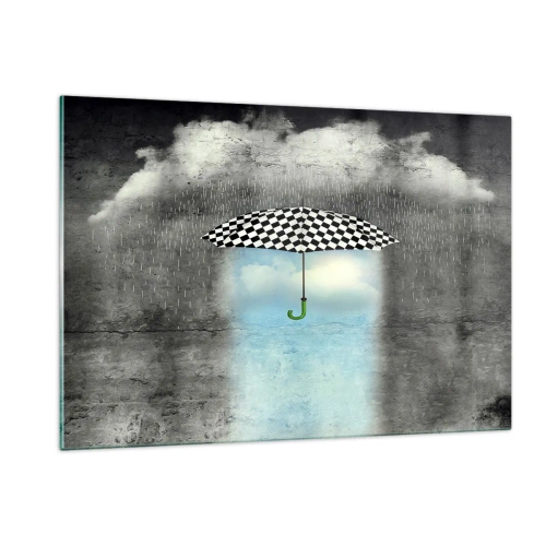 Glasbild - Bild auf glas - Ein schwarz-weiß karierter Regenschirm vor einem Hintergrund aus Regen und Wolken - 120x80cm - Aber möglich - Moderne Wanddekoration für Wohnzimmer und Schlafzimmer ARTTOR