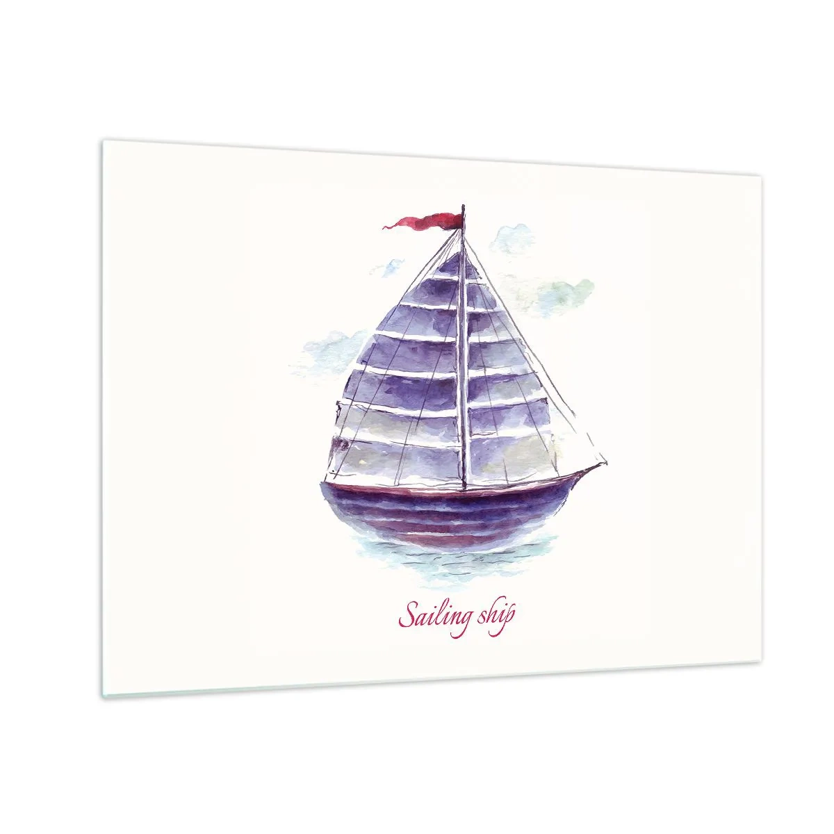 Glasbild - Bild auf glas - Aquarell Segelschiff mit der Aufschrift Segelschiff - 70x50cm - Volle Segel und ruhiges Wasser - Moderne Wanddekoration für Wohnzimmer und Schlafzimmer ARTTOR