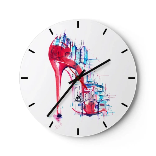 Wanduhr - Glasuhr - Ein roter Stiletto vor der Kulisse der Skyline der Stadt - 30x30cm - Ein Großstadt-Dandy - Moderne Wanddekoration für Wohnzimmer, Küche und Schlafzimmer ARTTOR